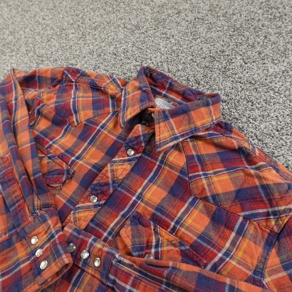 Wrangler Shirt Mens S Orange Blue Plaid Flannel Western Pearl Snap Cowboy Rodeo
